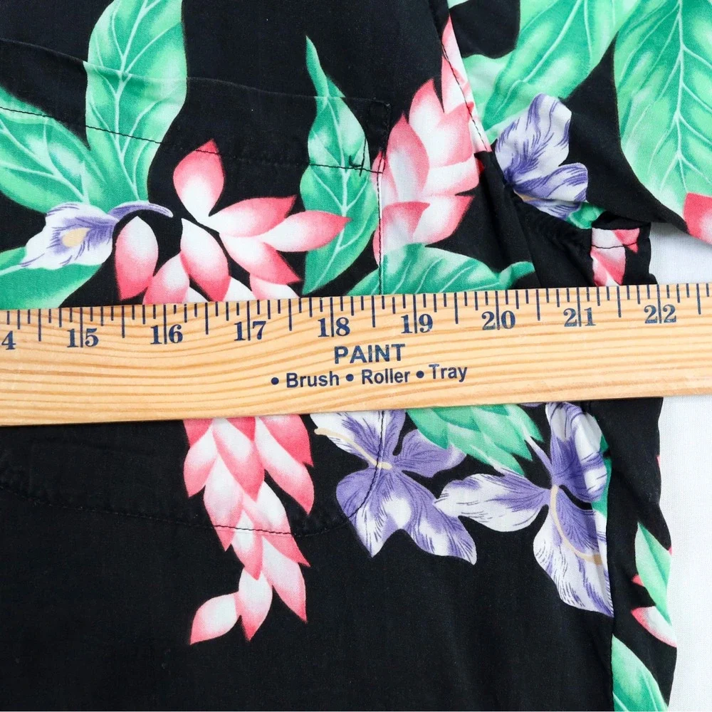 Vintage Reyn Spooner Hawaiian Shirt Mens L Black Floral Rayon Aloha Camp USA‎